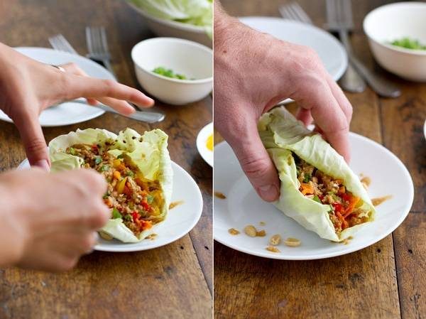 Thai chicken lettuce wraps on a plate.