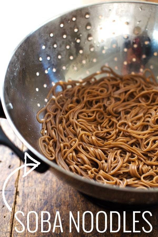 Soba noodles in a colander.