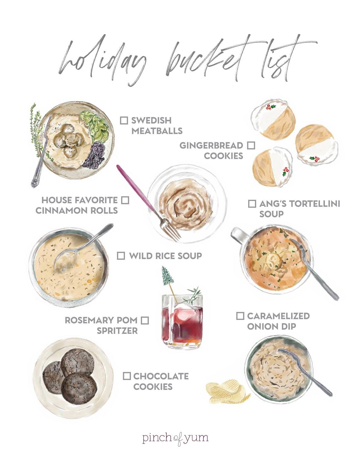 Holiday bucket list with illustrations of recipes.