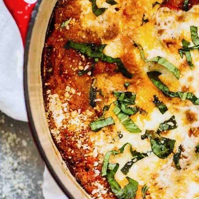 Super Easy One Pot Lasagna in a dutch oven.