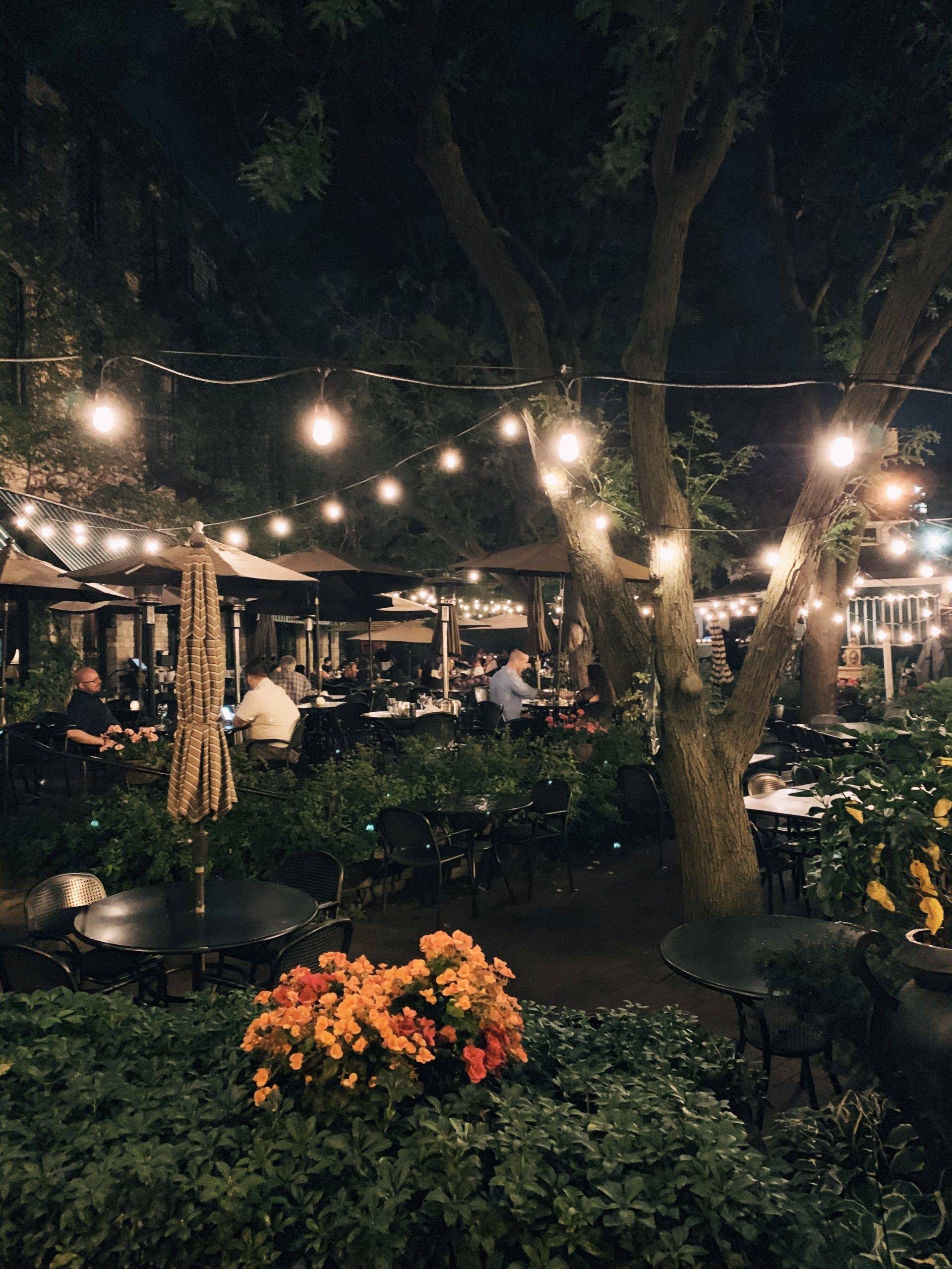A restaurant with outdoor seating in a garden with lights.