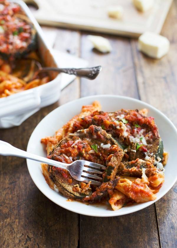Baked Zucchini Parmesan in a white bowl.