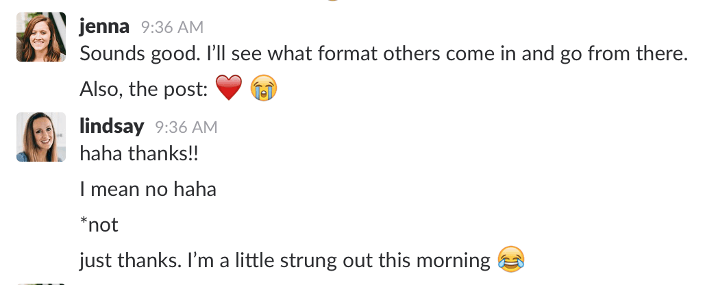 Conversation between Lindsay and Jenna.