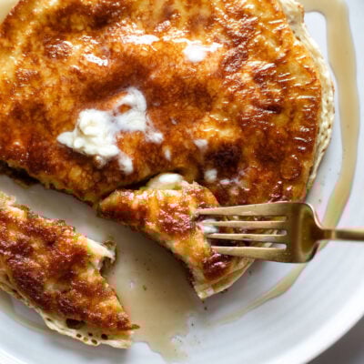 Cottage cheese pancake on a plate.